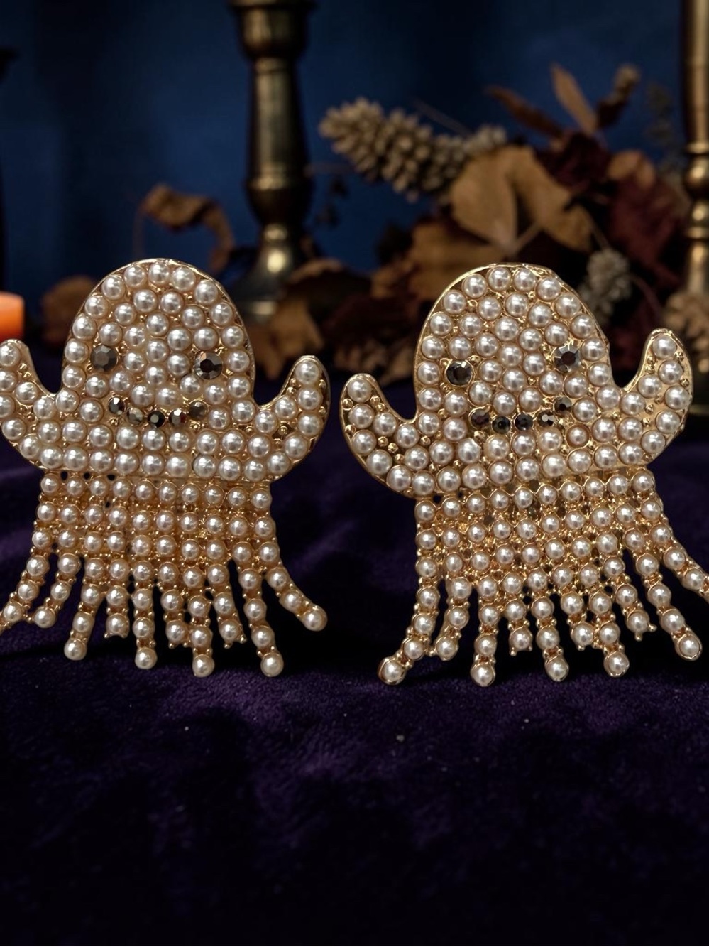 Pearl Beaded Ghost Statement Earrings - Faux Pearl Gold Tone